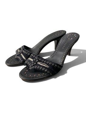 Chanel Eyelet Studs Kitten Heels Sandals Black